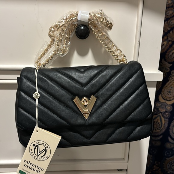 VALENTINO ORLANDI 6”x 11”x3” Black Quilted Bag Monogram Trim and Chain NWT $279 - Picture 3 of 7